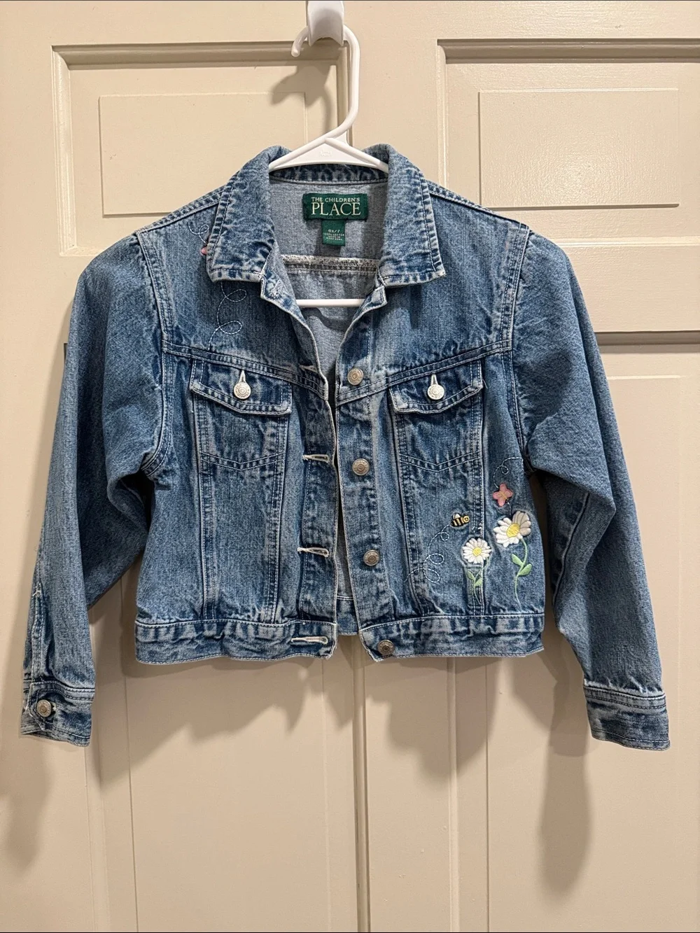 The Children's Place Med Blue Denim Jacket with Floral Embroidery Size 6X/7